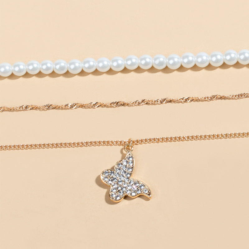 Women's Butterfly Pearl Pendant Necklace Set - Multi-Layer Shiny Party Jewelry Gift