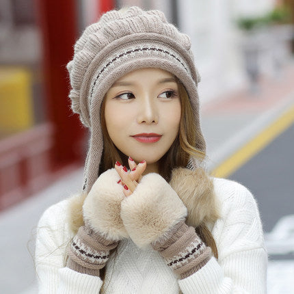 Cozy Knit Fleece-Feel Beanie With Ear Flaps & Pompom Warm Winter Hat