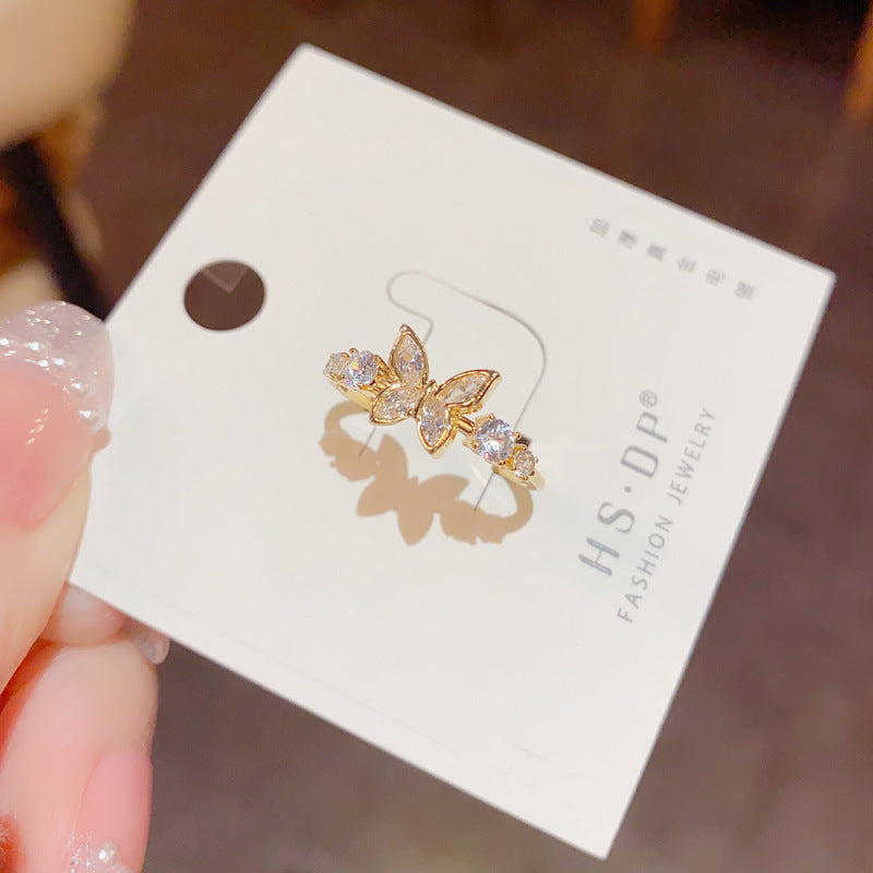 Gold Plated Butterfly Ring – Diamond Inlaid Elegant Party Jewelry for Women