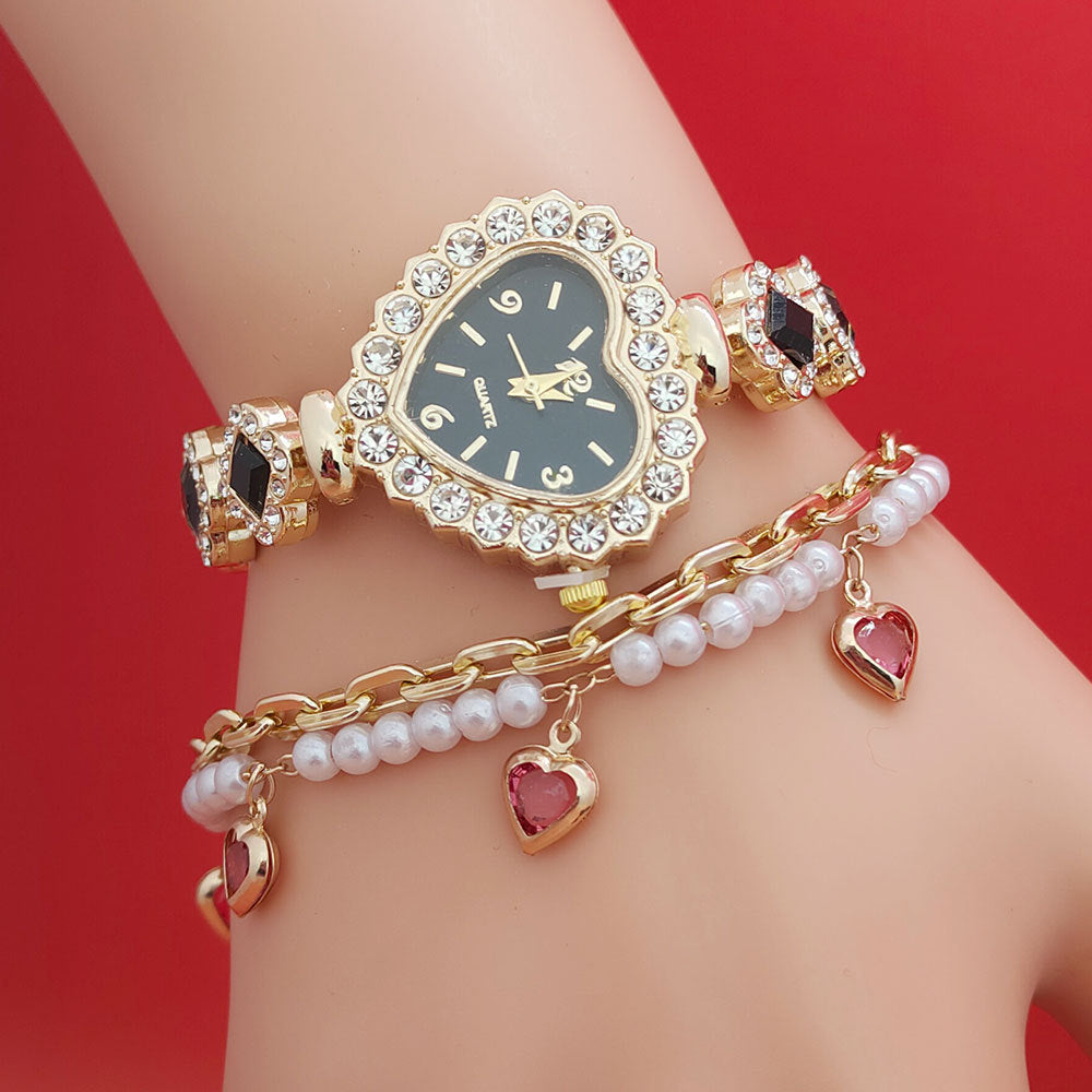 Fashion Love Heart Bracelet & Diamond Quartz Watch Set - Women's Valentine's Day Gift