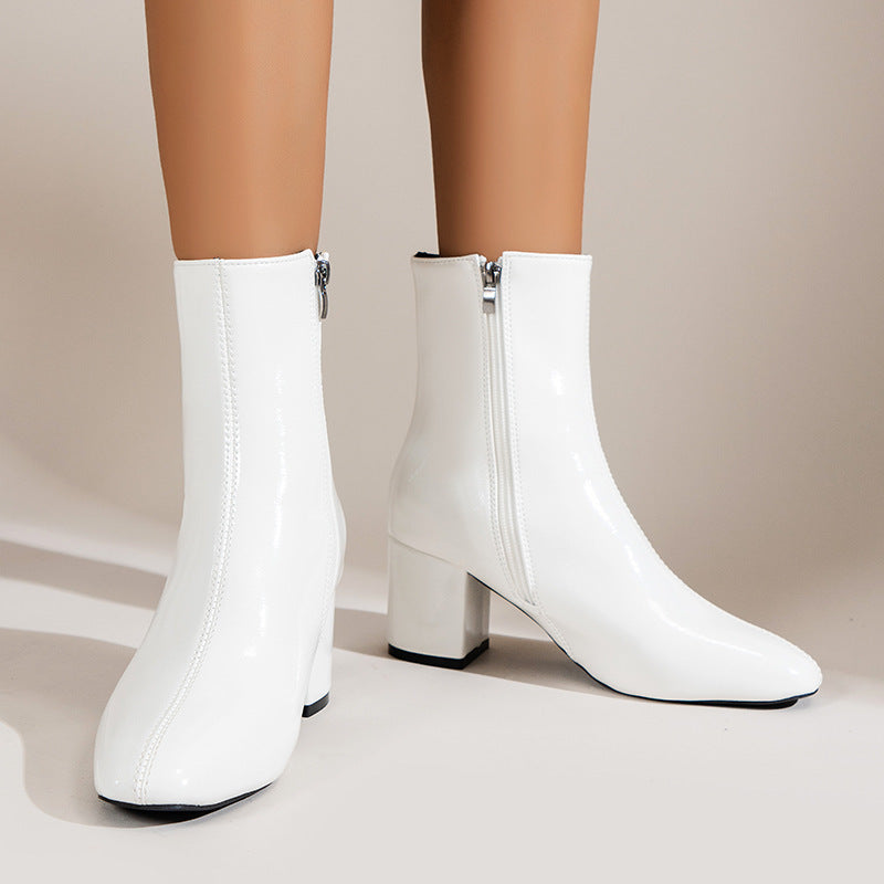 Women's Chunky Heel Pointed Toe Mid-Calf Boots – Side Zipper Fashion Shoes