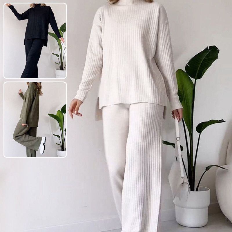 Women's Turtleneck Knitted Set - Loose Long Sleeve Top & Straight Trousers, Casual Solid Outfit