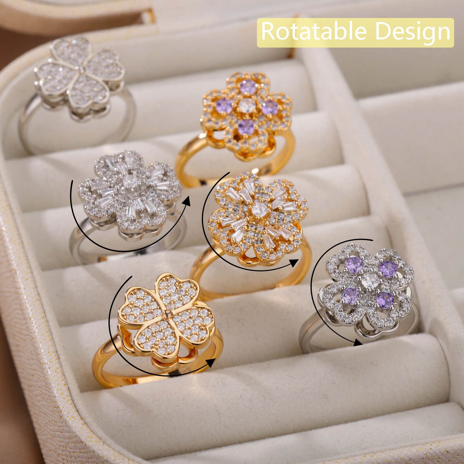 Rotatable Flower Rings With Rhinestones Anti Anxiety