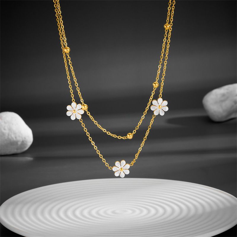 Stainless Steel Daisy Flower Jewelry Set – Double Layer Necklace , Earrings & Bracelet