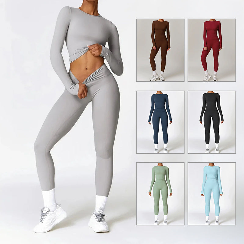 Women's Tight-Fit Yoga Set – Quick-Dry Long Sleeve Top & High Waist Leggings Fitness Suit