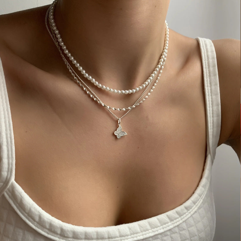 Women's Butterfly Pearl Pendant Necklace Set - Multi-Layer Shiny Party Jewelry Gift