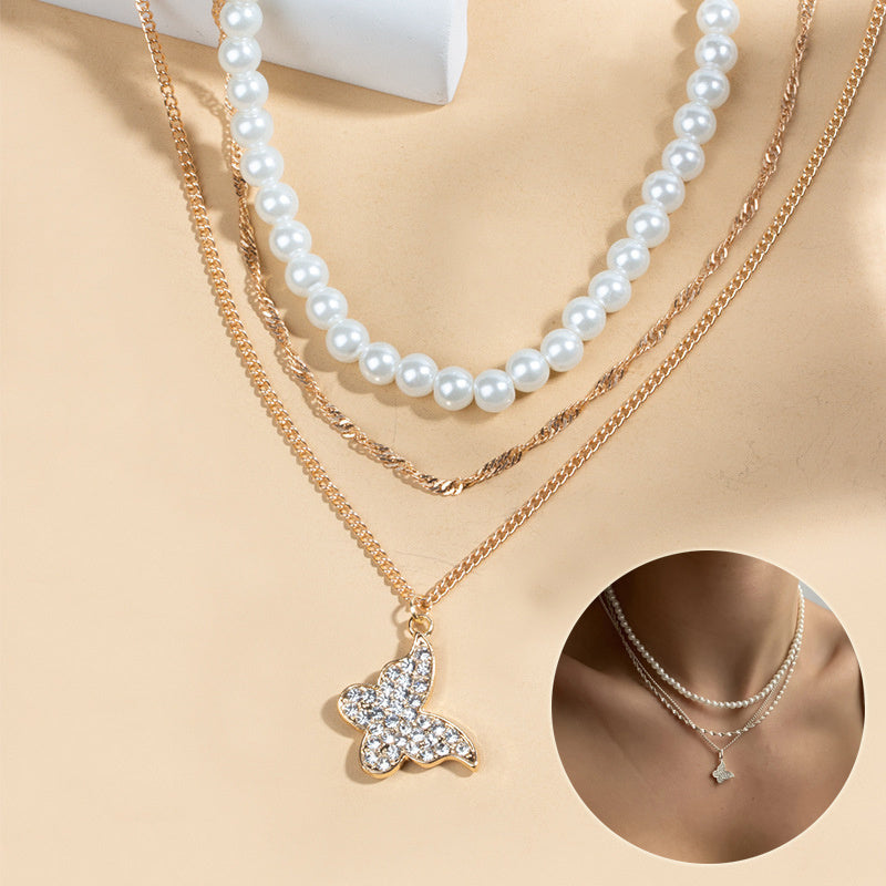 Women's Butterfly Pearl Pendant Necklace Set - Multi-Layer Shiny Party Jewelry Gift