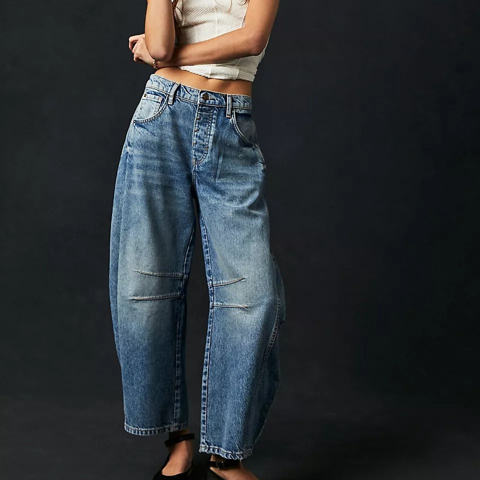 Women's High Stretch Barrel Jeans - Mid-Rise Wide Leg Casual Baggy Denim