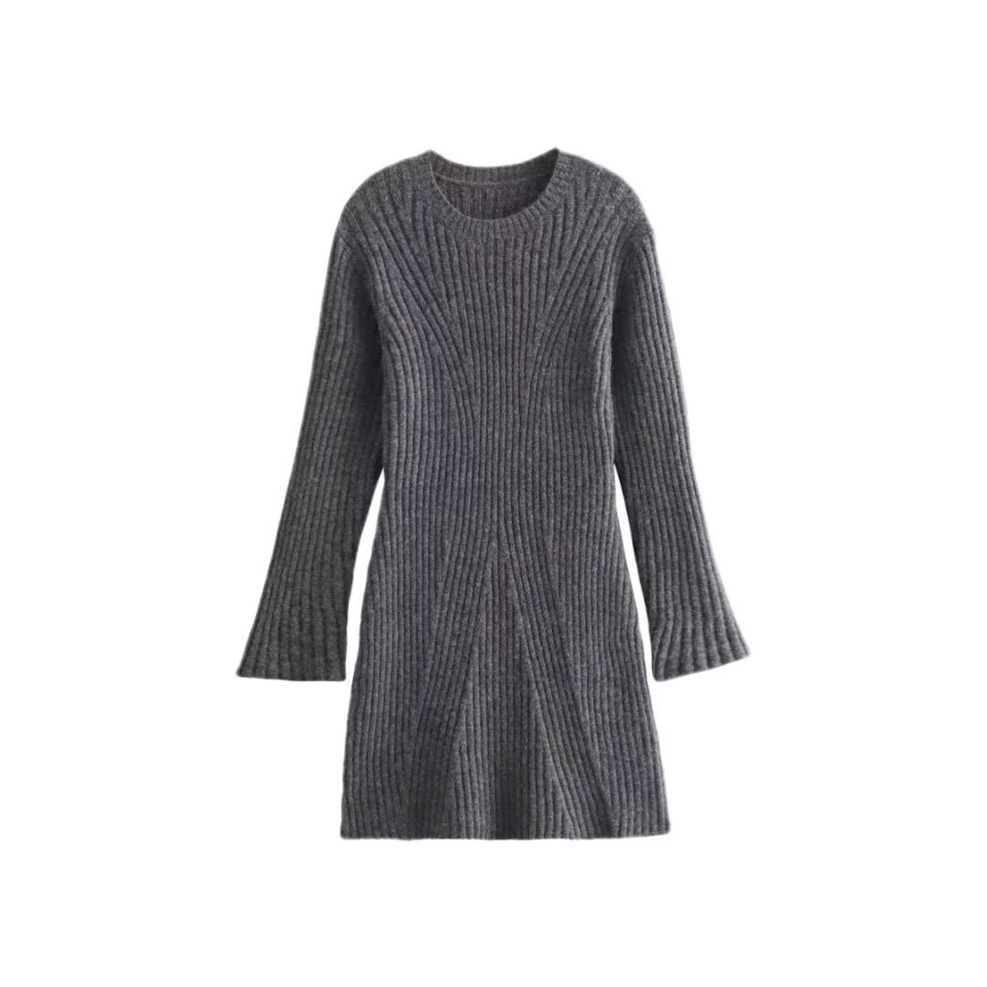 Solid Ribbed Knitted Dress Fall And Winter Slim-fit