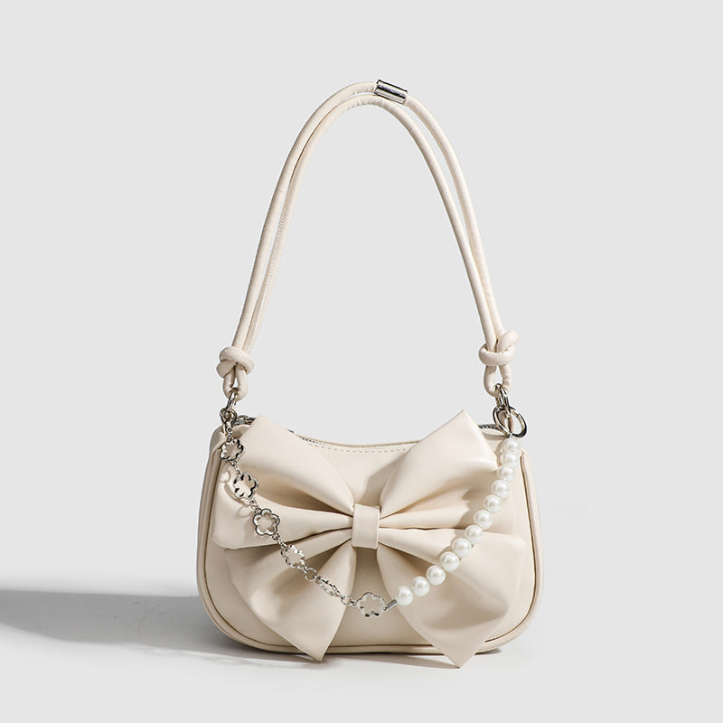 Women's PU Bow Handbag - Black & White Underarm Tote with Pearl Chain, Small Shoulder Purse