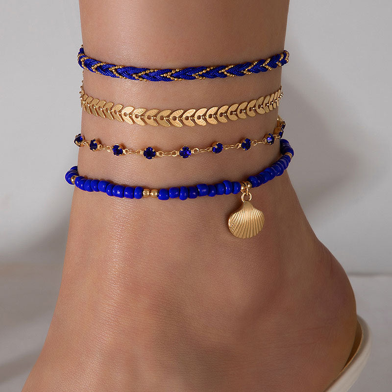 4-Piece Bohemian Woven Rope Anklet Set – Geometric Alloy & Black Beads for Men and Women