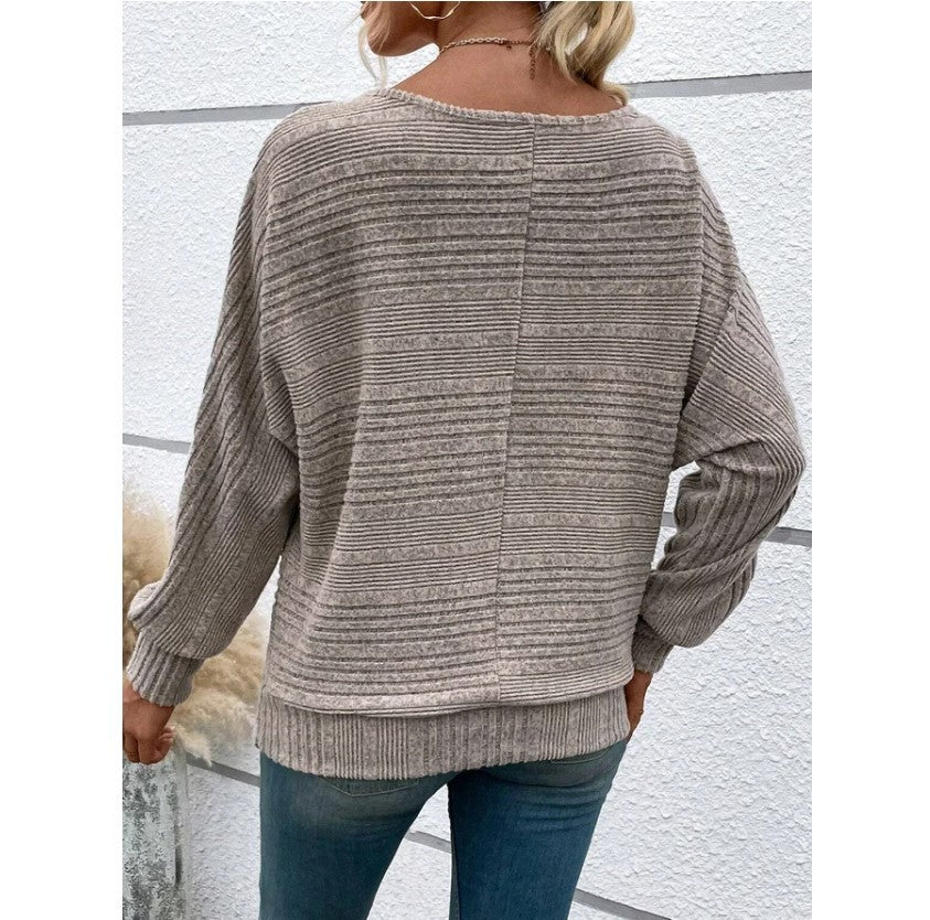 Women's Solid Striped Batwing Sleeve T-Shirt - Casual Round Neck Long Sleeve Top for Spring & Autumn