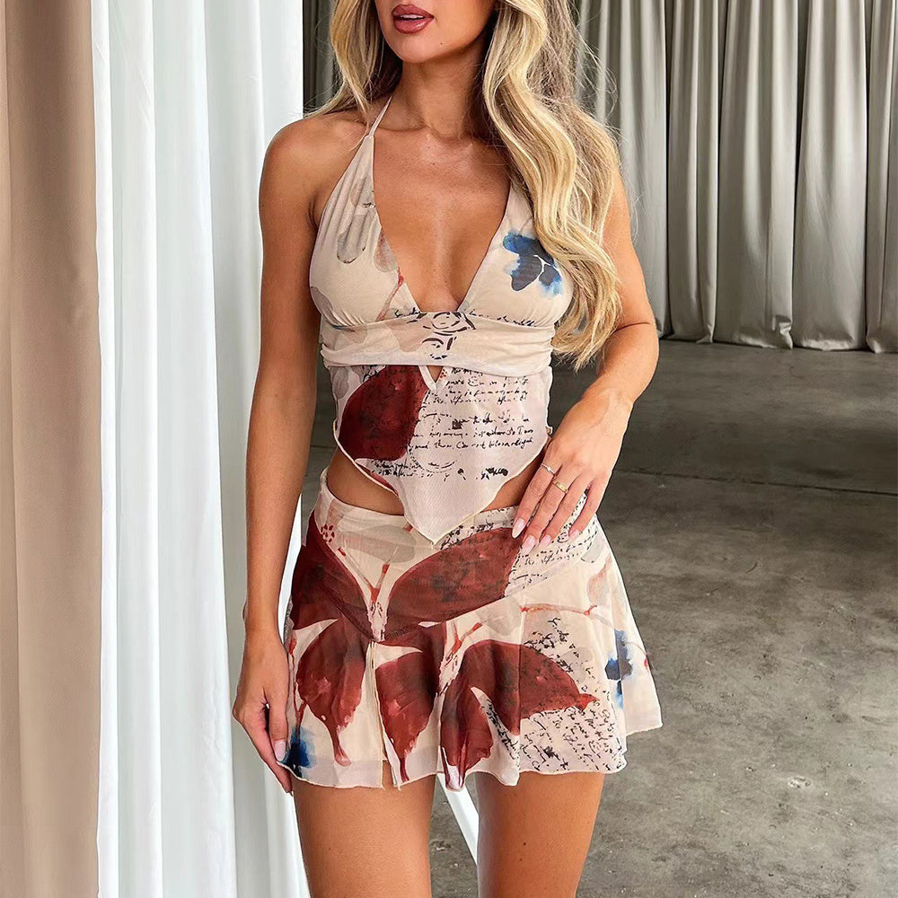 2Pcs Summer V-Neck Halter Top & Pleated Mini Skirt Set | Women's Printed Outfit