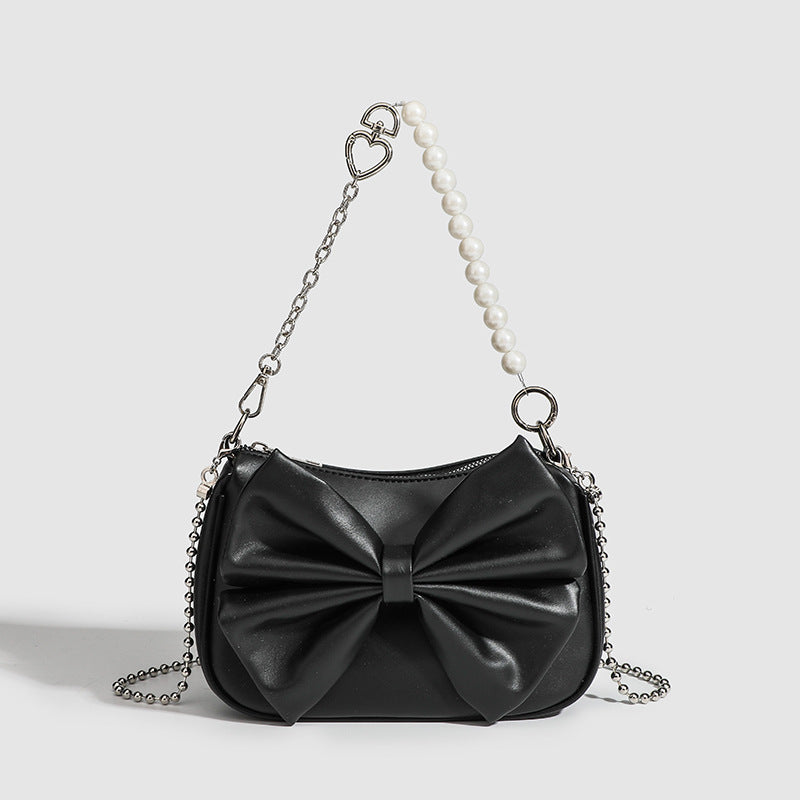 Women's PU Bow Handbag - Black & White Underarm Tote with Pearl Chain, Small Shoulder Purse