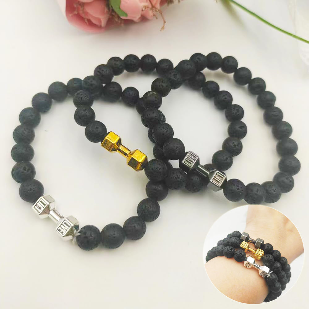 Men's Dumbbell Bracelet - Alloy Barbell & Lava Rock Stone Beads Fitness Fashion Jewelry