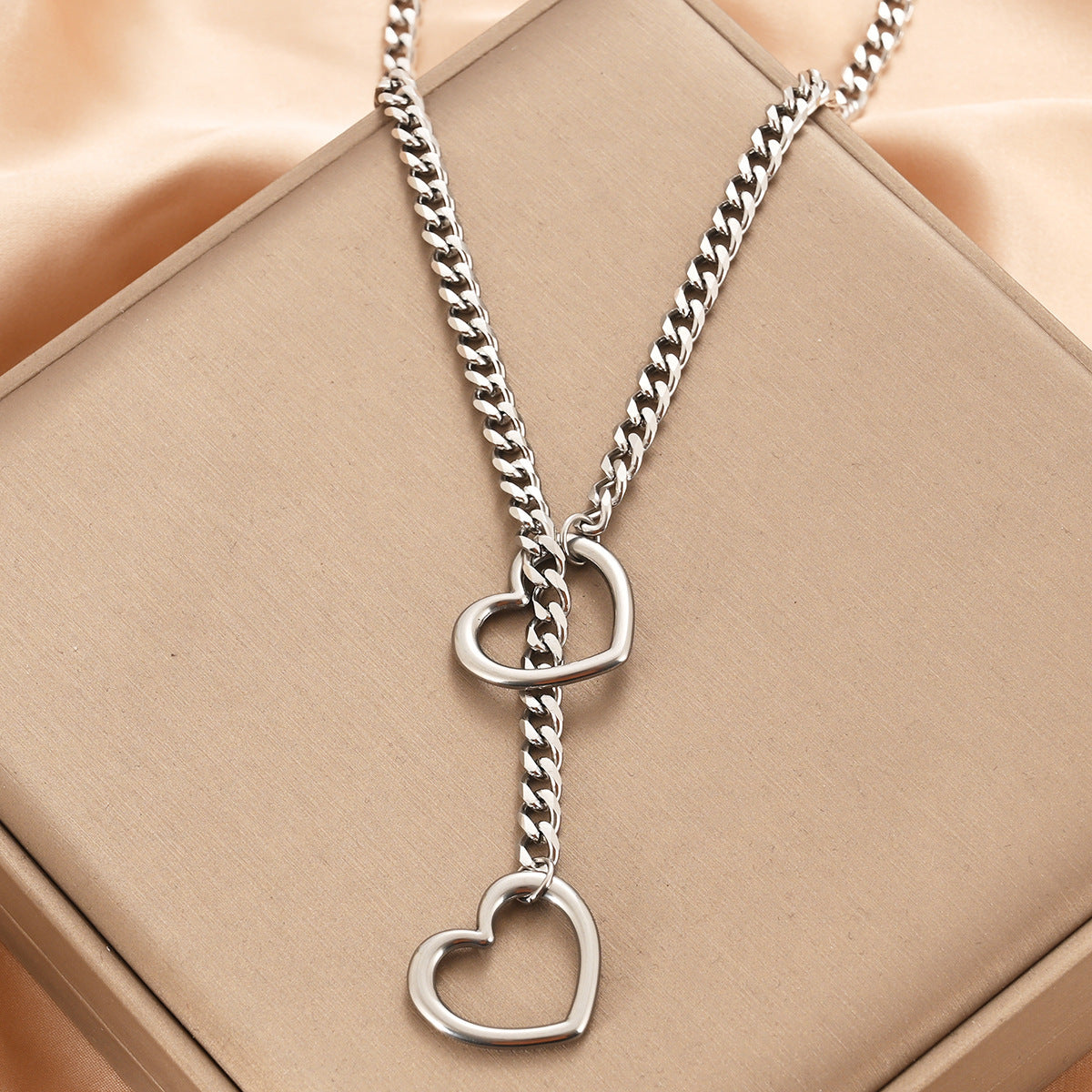 Stainless Steel Lariat Heart Necklace | Heavy Ring Cuban Long Chain Punk Rock Slipchain Choker Collar for Women & Men