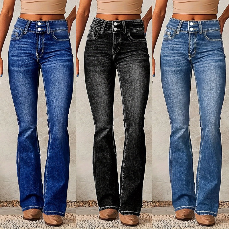 Flared Jeans With Pockets Fashion Button Zipper Trousers Women's Slim Denim Pants