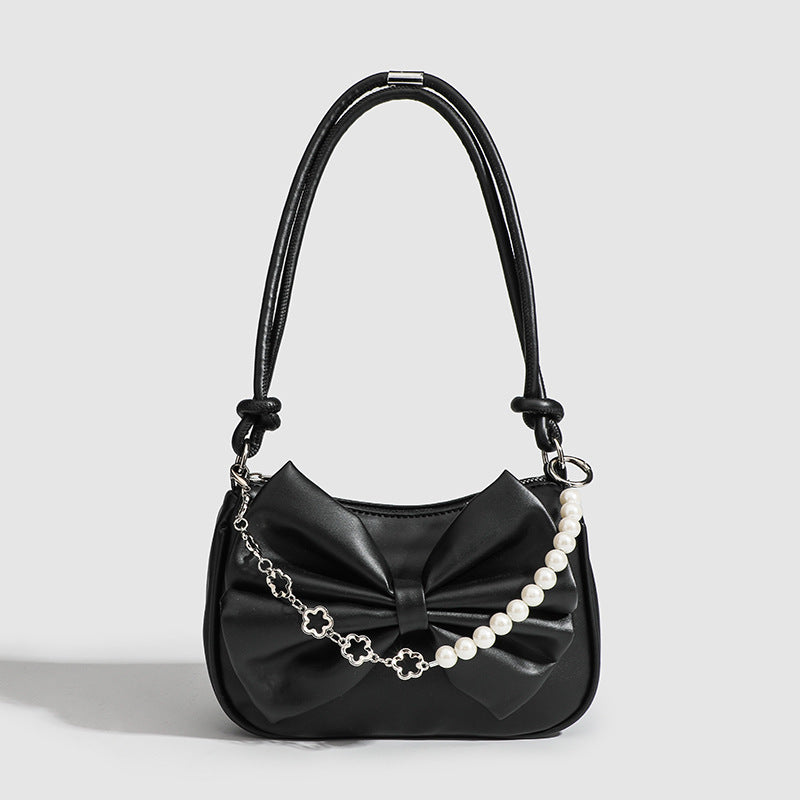 Women's PU Bow Handbag - Black & White Underarm Tote with Pearl Chain, Small Shoulder Purse