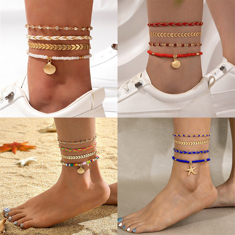 4-Piece Bohemian Woven Rope Anklet Set – Geometric Alloy & Black Beads for Men and Women