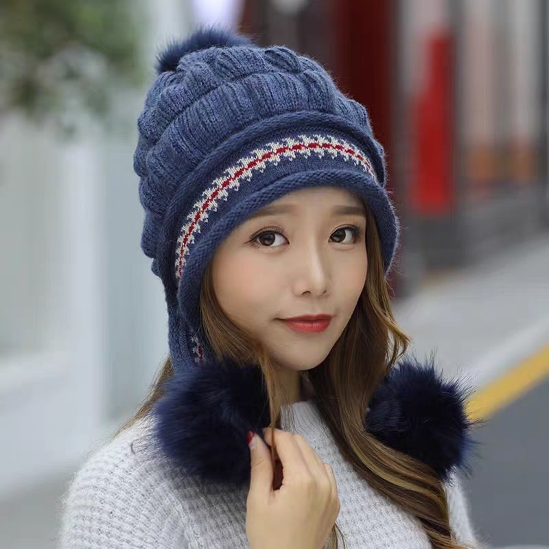 Cozy Knit Fleece-Feel Beanie With Ear Flaps & Pompom Warm Winter Hat