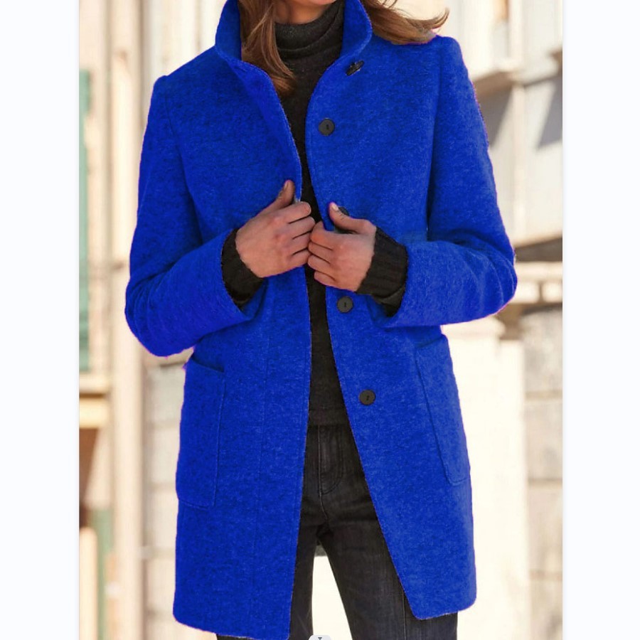 Stand Collar Woolen Coat With Pockets Fall Winter