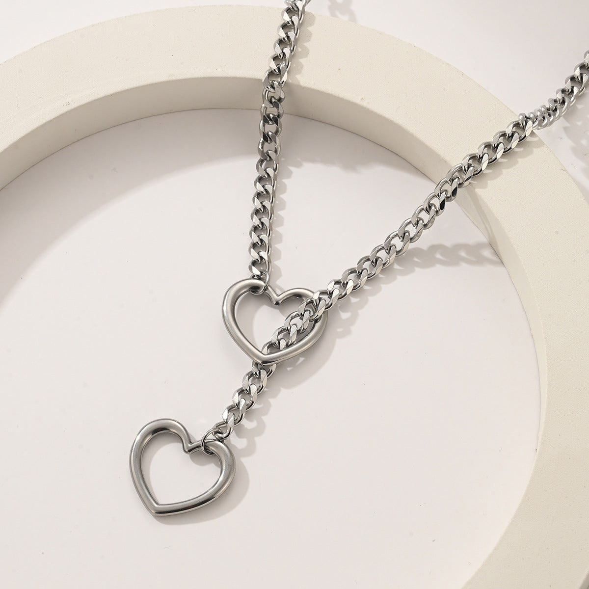 Stainless Steel Lariat Heart Necklace | Heavy Ring Cuban Long Chain Punk Rock Slipchain Choker Collar for Women & Men