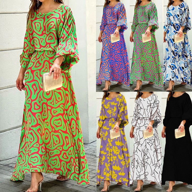 2Pcs Women's Dress Suit | Fashion Loose Printed Long Sleeve Top & High Waist Long Skirt Set