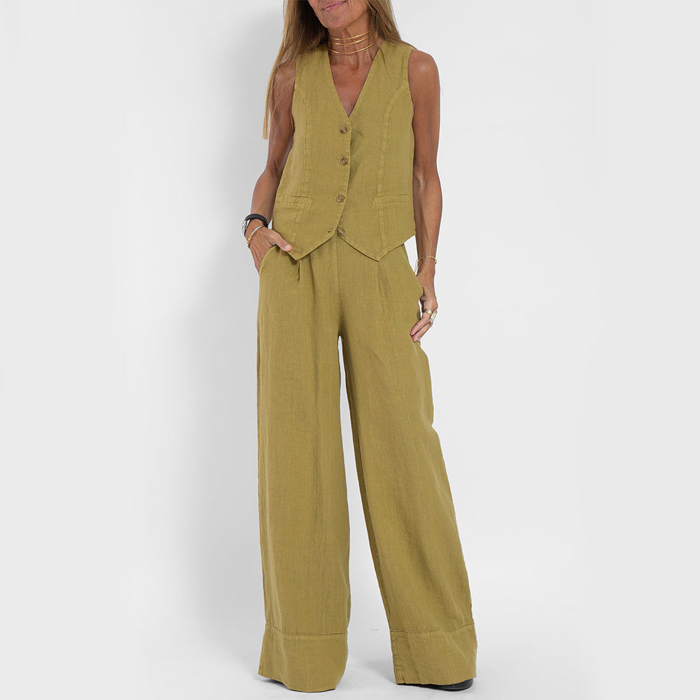 Vest Suits V-neck Sleeveless Top And Loose Straight Trousers