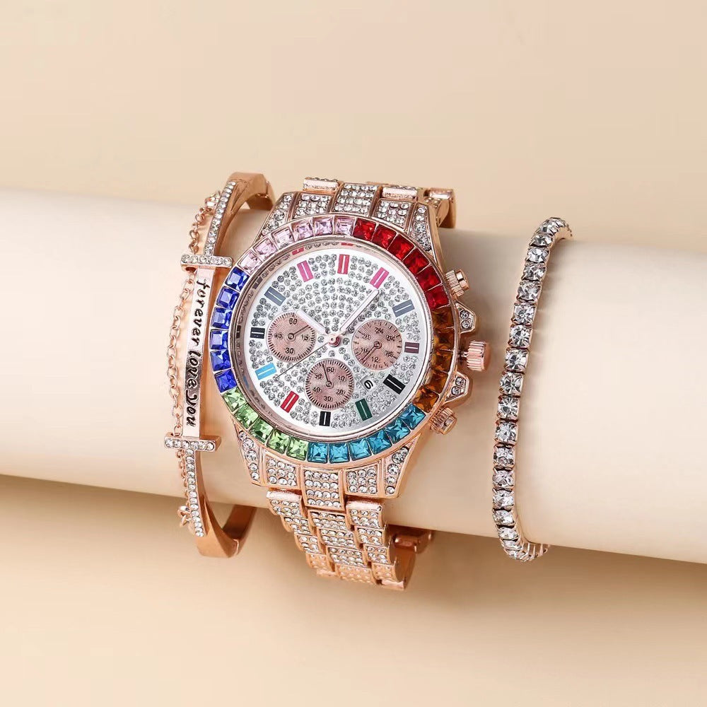 Three-Eye Diamond Colorful Crystals Steel Belt Bracelet Bracelet Three-piece Set