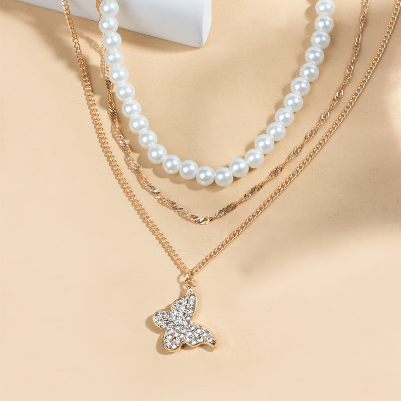 Women's Butterfly Pearl Pendant Necklace Set - Multi-Layer Shiny Party Jewelry Gift