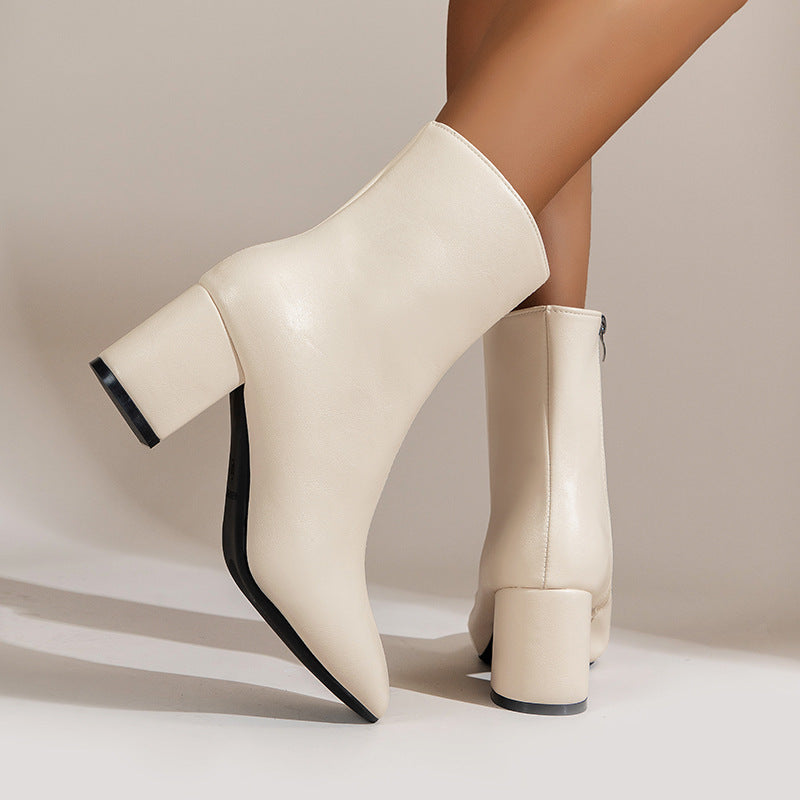 Women's Chunky Heel Pointed Toe Mid-Calf Boots – Side Zipper Fashion Shoes