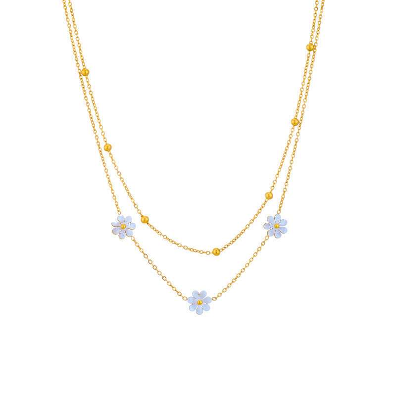 Stainless Steel Daisy Flower Jewelry Set – Double Layer Necklace , Earrings & Bracelet