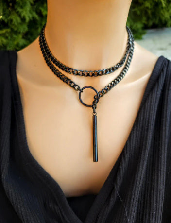 Stainless Steel Lariat Heart Necklace | Heavy Ring Cuban Long Chain Punk Rock Slipchain Choker Collar for Women & Men