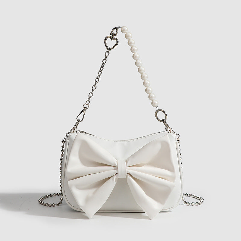 Women's PU Bow Handbag - Black & White Underarm Tote with Pearl Chain, Small Shoulder Purse