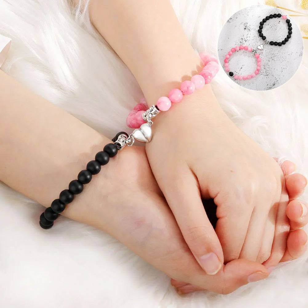 Magnetic Couple Bracelets with Heart Pendant - Natural Stone Distance Jewelry for Men & Women, Valentine's Day Gift