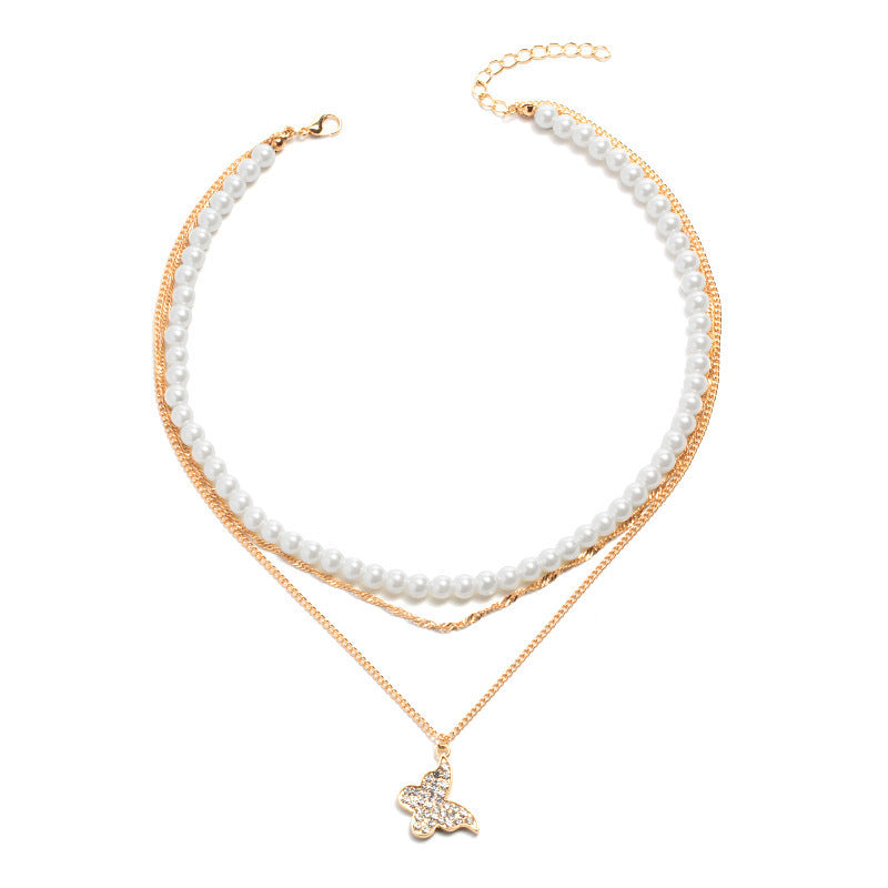 Women's Butterfly Pearl Pendant Necklace Set - Multi-Layer Shiny Party Jewelry Gift