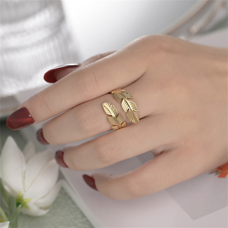 Feather Open Ring - Titanium Steel Gold & Silver Adjustable Handmade Jewelry, Party Gift