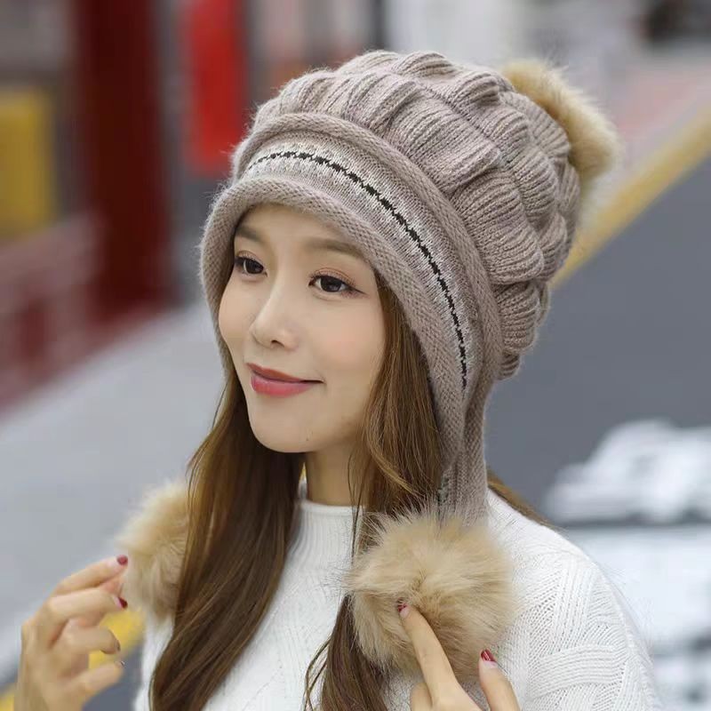 Cozy Knit Fleece-Feel Beanie With Ear Flaps & Pompom Warm Winter Hat