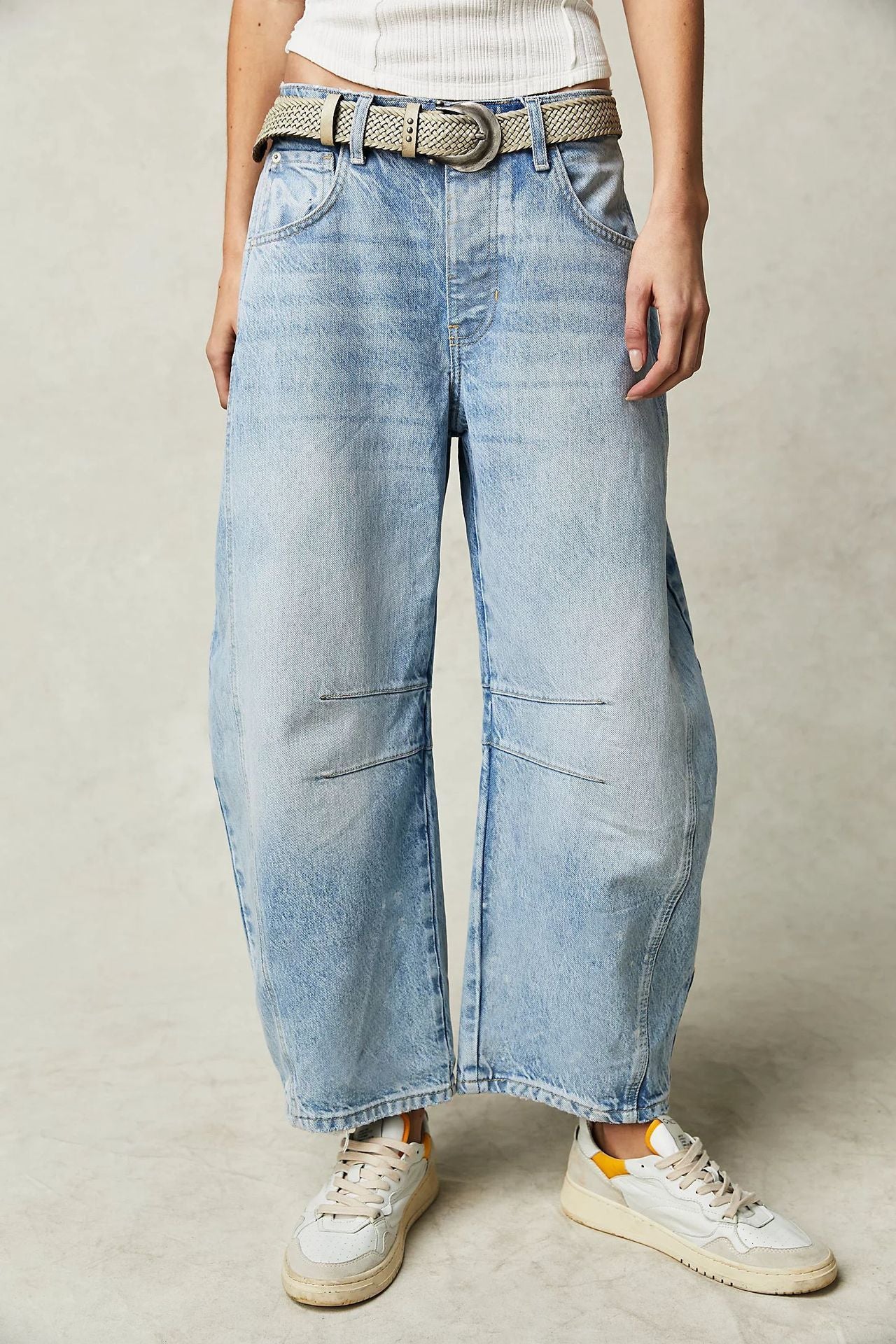 Women's High Stretch Barrel Jeans - Mid-Rise Wide Leg Casual Baggy Denim