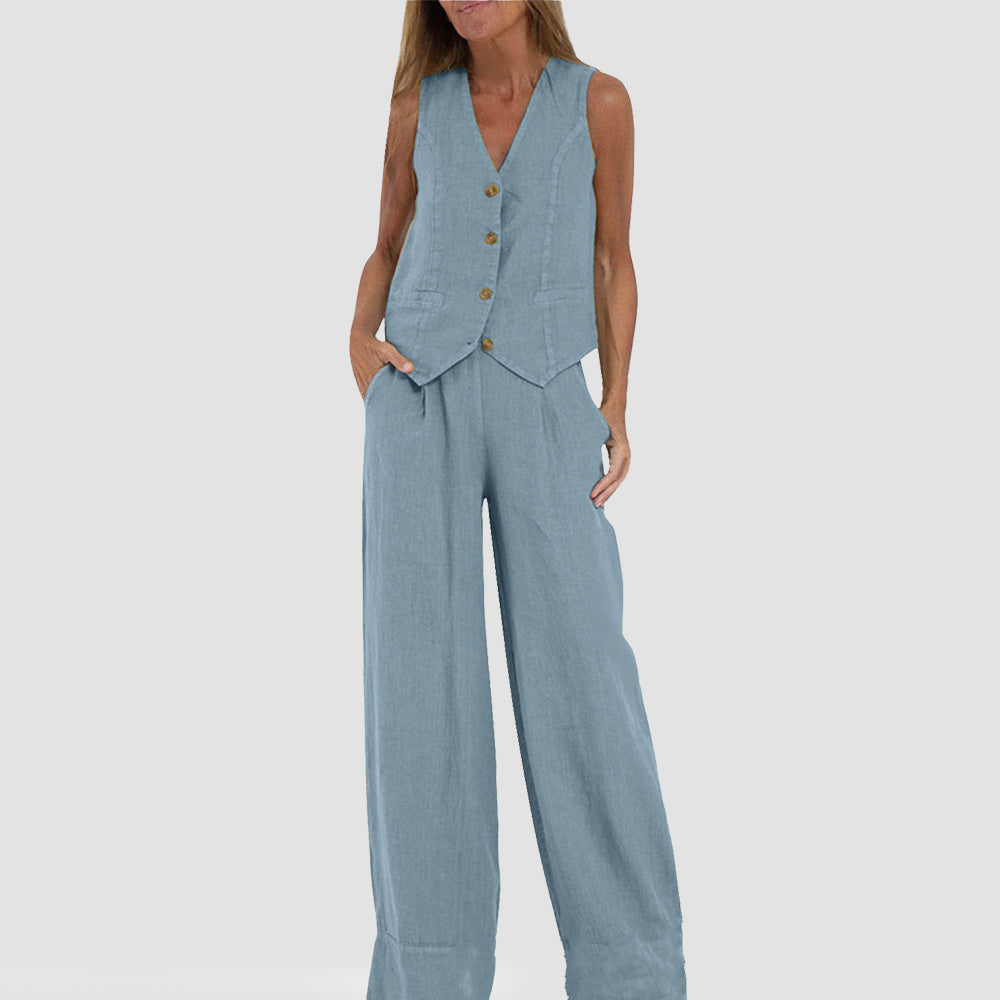 Vest Suits V-neck Sleeveless Top And Loose Straight Trousers