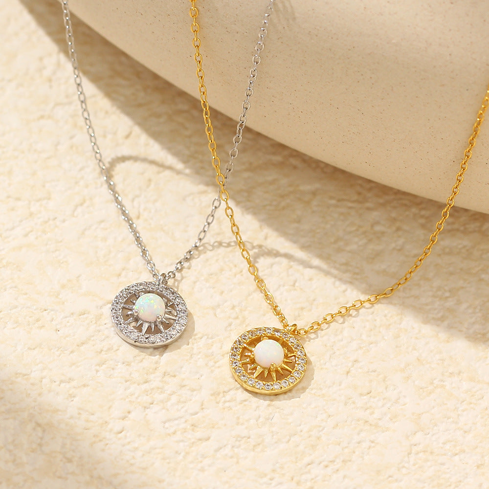 Fashion Jewelry Niche Moon & Sun Necklace | Silver Opal Celtic Moon Pendant with Sun & Asterism Diamond Detail
