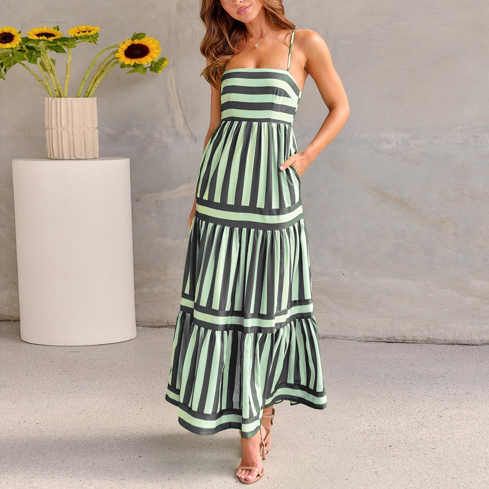 Striped Printed Suspender Long Dress