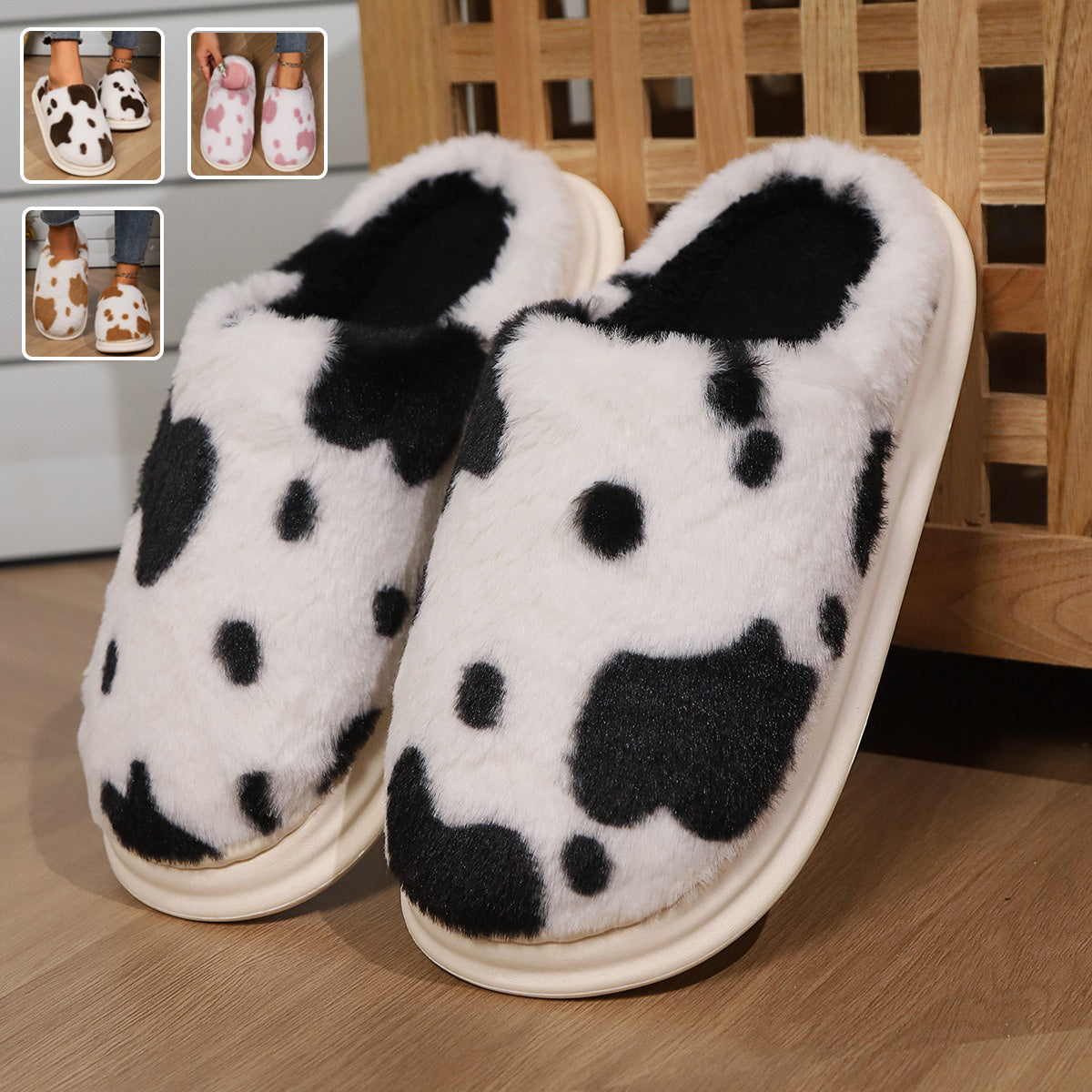 Cute Cow Spotted Plush Slippers Winter Warm Non-slip