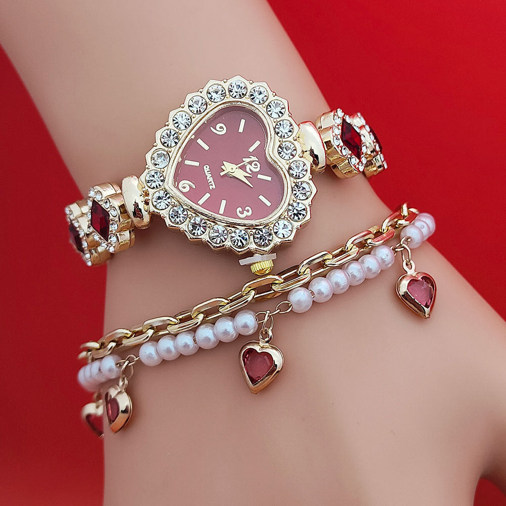 Fashion Love Heart Bracelet & Diamond Quartz Watch Set - Women's Valentine's Day Gift