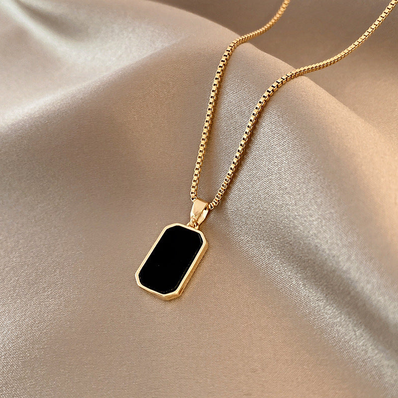 18K Gold Black Rectangular Pendant Necklace – Titanium Steel Unisex Non-Fading Jewelry