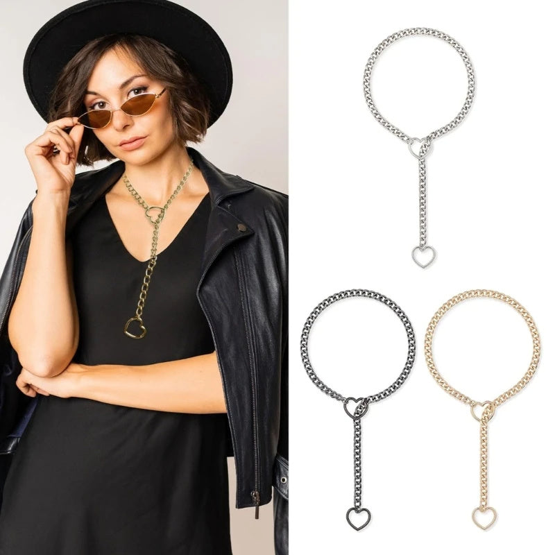 Stainless Steel Lariat Heart Necklace | Heavy Ring Cuban Long Chain Punk Rock Slipchain Choker Collar for Women & Men