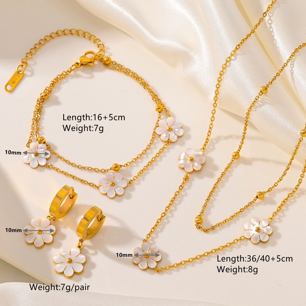 Stainless Steel Daisy Flower Jewelry Set – Double Layer Necklace , Earrings & Bracelet