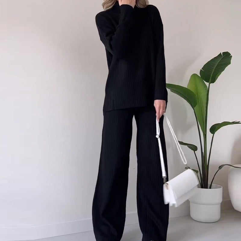 Women's Turtleneck Knitted Set - Loose Long Sleeve Top & Straight Trousers, Casual Solid Outfit