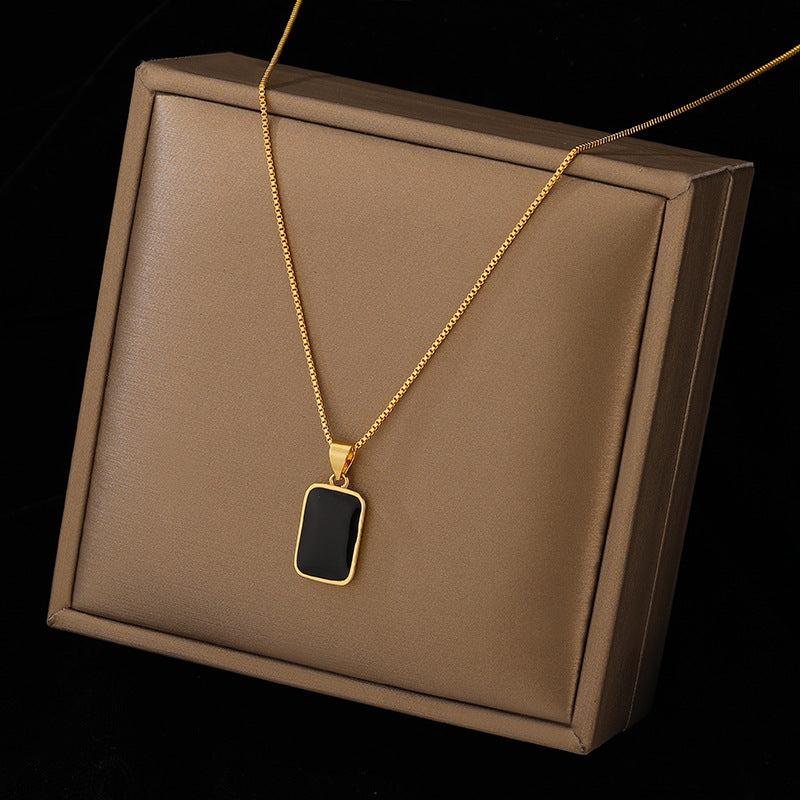 18K Gold Black Rectangular Pendant Necklace – Titanium Steel Unisex Non-Fading Jewelry