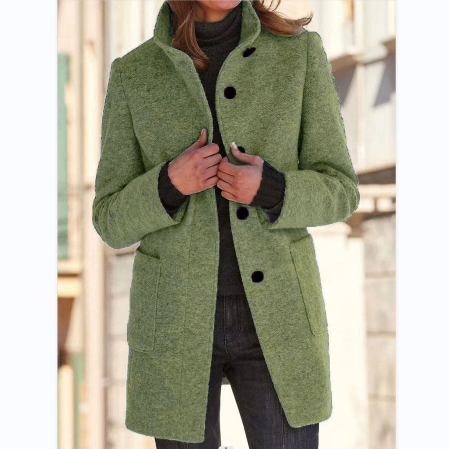 Stand Collar Woolen Coat With Pockets Fall Winter